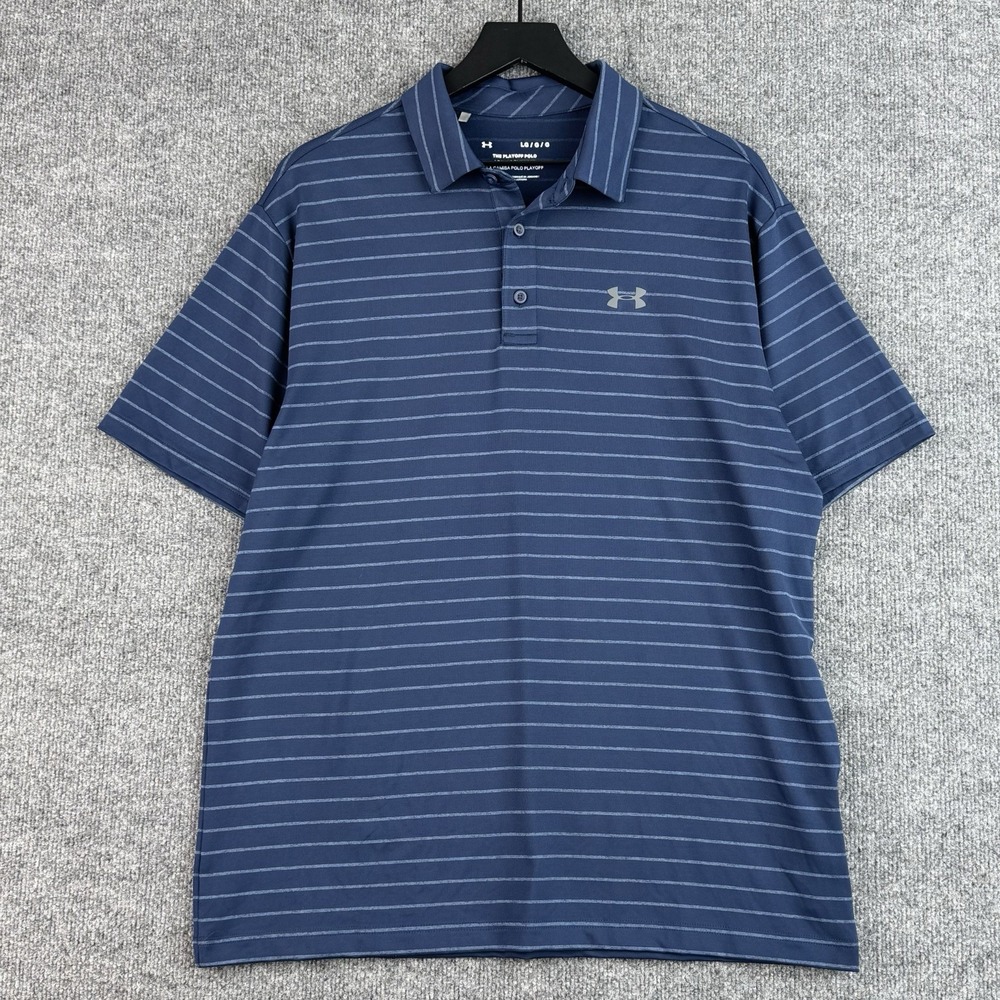 Under Armour Performance Polo Shirt Mens L Blue Stripe Playoff Polo Short Sleeve